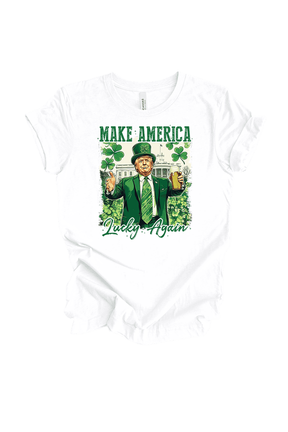 Women's St. Patrick's Trump Make America Lucky Again Short Sleeve T-Shirt-White-5X-Large