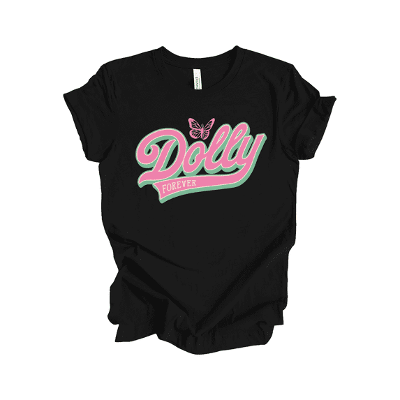 Trenz Shirt Company Women’s T-Shirt with Pink & Green Retro Script Design – Dolly Forever Graphic Tee-Black-Small