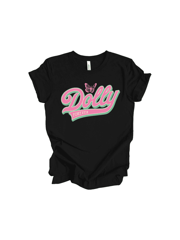 Women’s T-Shirt with Pink & Green Retro Script Design – Dolly Forever Graphic Tee-Black-X-Large