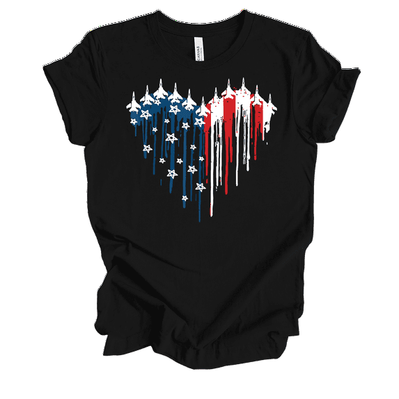 Trenz Shirt Company Women's USA America Plane Heart Flag Short Sleeve T-Shirt-Black-3X-Large