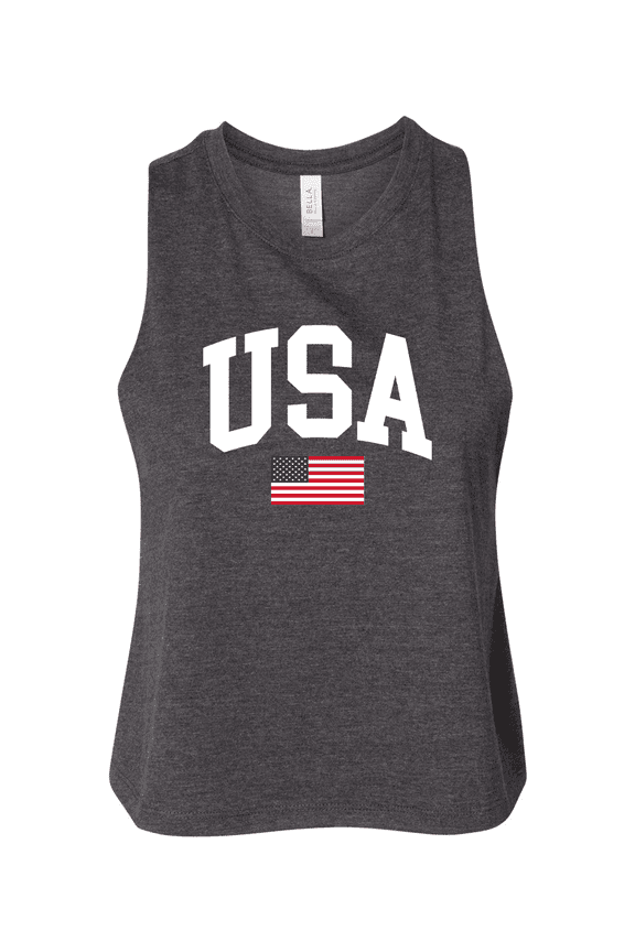 Women's USA American Flag Patriotic Fourth of July Independence Day Racerback Crop Tank-Dark Grey Heather-Small