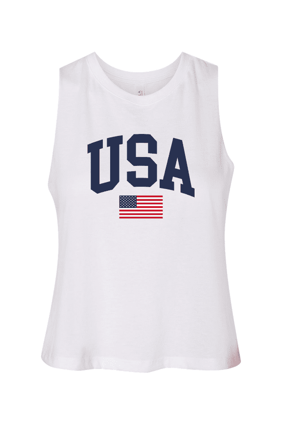 Women's USA American Flag Patriotic Fourth of July Independence Day Racerback Crop Tank-White-Medium