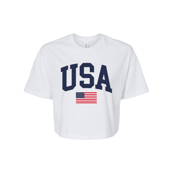 Trenz Shirt Company Women's USA American Flag Patriotic Fourth of July Independence Day Short Sleeve Jersey Crop Top-White-Small