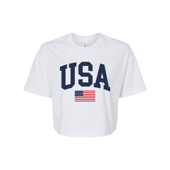 Trenz Shirt Company Women's USA American Flag Patriotic Fourth of July Independence Day Short Sleeve Jersey Crop Top-White-Small