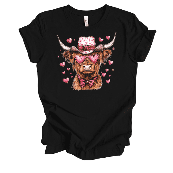 Trenz Shirt Company Women's Valentine's Cow With Heart Sunglasses Short Sleeve T-Shirt-Black-Medium