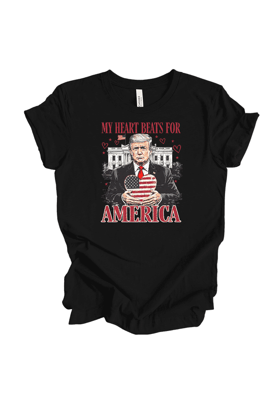 Women's Valentine's Trump Heart Beats For America Short Sleeve T-Shirt-Black-Medium