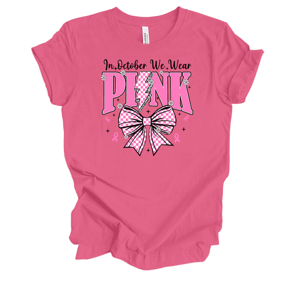 Trenz Shirt Company Women's We Wear Pink Lightning Bolt Bow Short Sleeve T-Shirt-Charity Pink-Medium