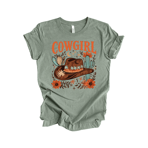 Trenz Shirt Company Women's Western Graphic T-Shirt - Cowgirl Hat Covered With Plants Design-Heather Sage-large