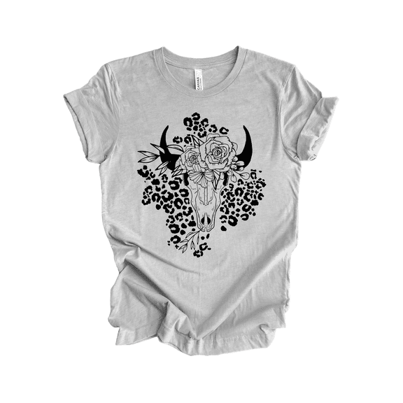 Trenz Shirt Company Women's Western Graphic T-Shirt - Flower Covered Bull Skull With Cheetah Prints-Athletic Heather-xxl
