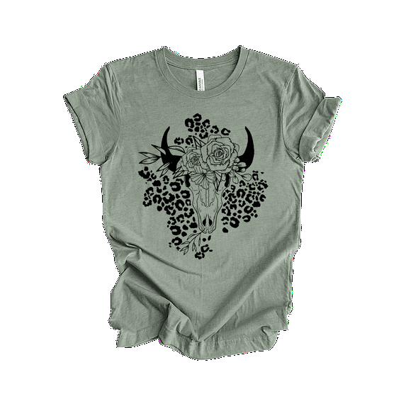 Trenz Shirt Company Women's Western Graphic T-Shirt - Flower Covered Bull Skull With Cheetah Prints-Heather Sage-large