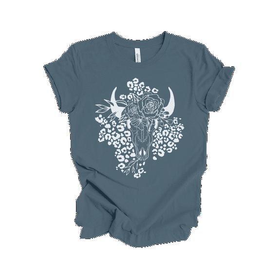 Trenz Shirt Company Women's Western Graphic T-Shirt - Flower Covered Bull Skull With Cheetah Prints-Slate-4xl