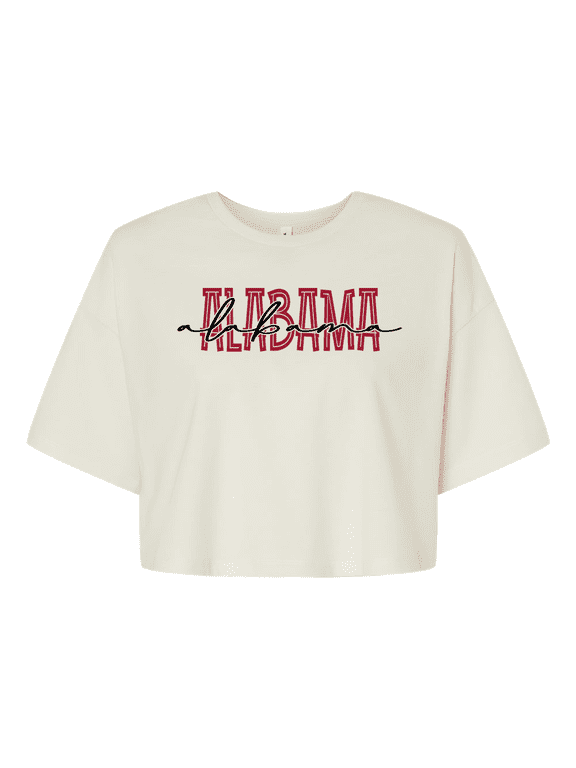 Womens Alabama Tee Alabama Team Color Crimson Football Team Name Cursive Jersey Crop Tee-Vintage White-xxl