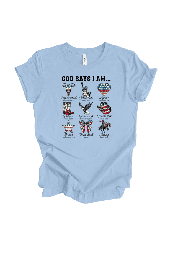Womens Christian God Says I Am Empowered, Precious, Loved.. Short Sleeve T-shirt Graphic Tee-Baby Blue-4xl