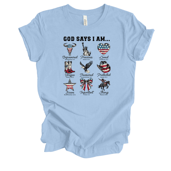 Trenz Shirt Company Womens Christian God Says I Am Empowered, Precious, Loved.. Short Sleeve T-shirt Graphic Tee-Baby Blue-large