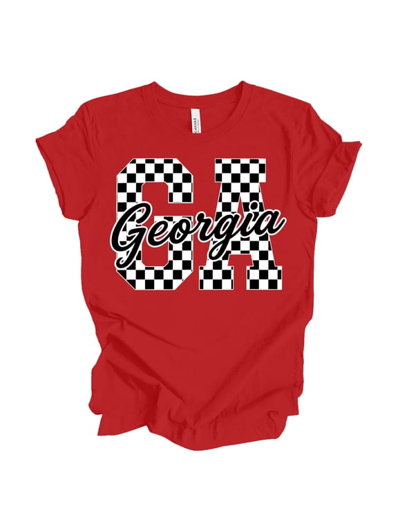 Womens College Football Graphic T Shirt – Georgia Black Checkerboard Design Tee, Red, Small