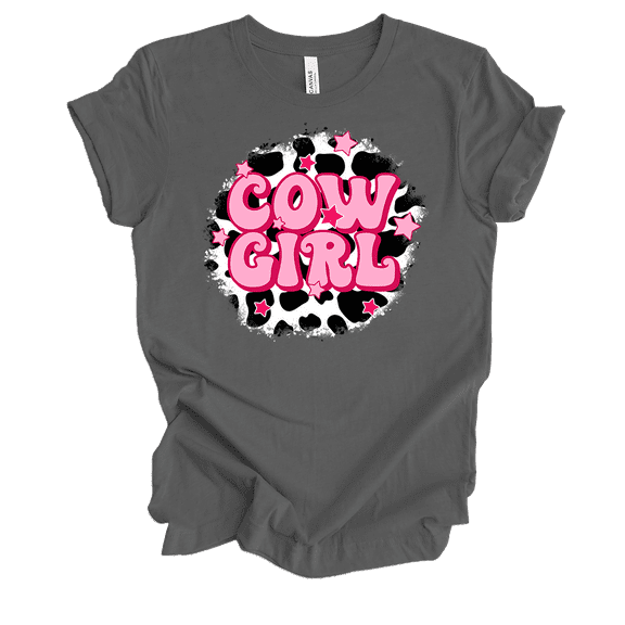 Trenz Shirt Company Womens Cute Cowgirl Bubble Letters With Cow Print Background Ladies Short Sleeve T-Shirt-Asphalt-3X-Large