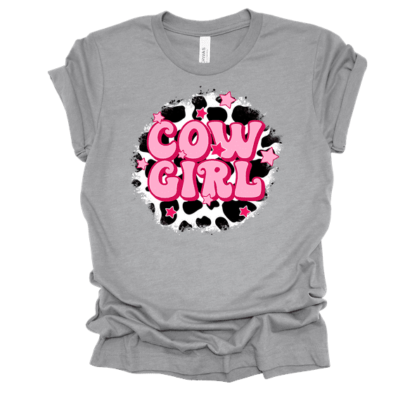 Trenz Shirt Company Womens Cute Cowgirl Bubble Letters With Cow Print Background Ladies Short Sleeve T-Shirt-Athletic Grey-Medium