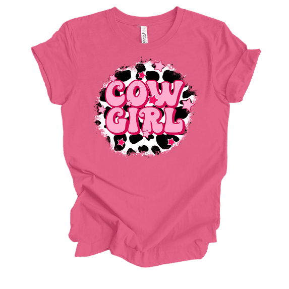 Trenz Shirt Company Womens Cute Cowgirl Bubble Letters With Cow Print Background Ladies Short Sleeve T-Shirt-Charity Pink-4X-Large