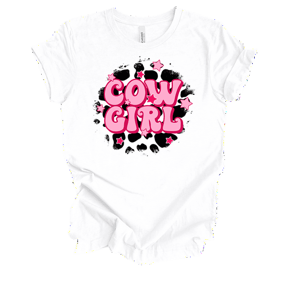 Trenz Shirt Company Womens Cute Cowgirl Bubble Letters With Cow Print Background Ladies Short Sleeve T-Shirt-White-Large
