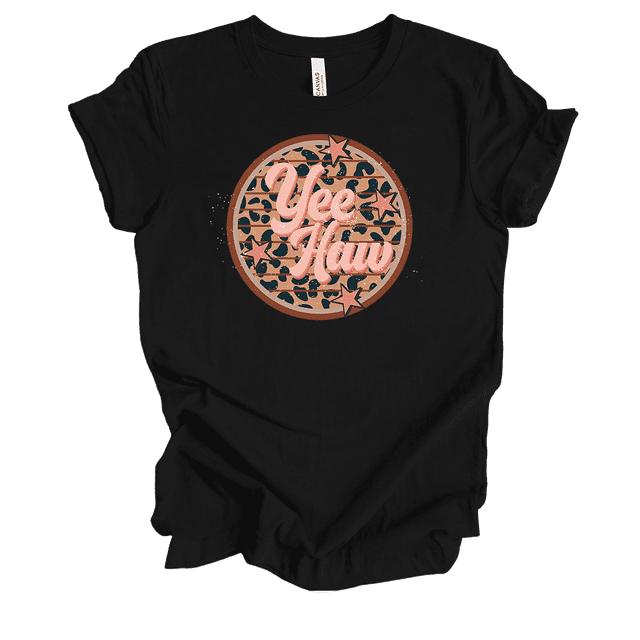 Trenz Shirt Company Womens Cute Distressed Vintage Yee Haw Cheetah Print Circle Ladies Short Sleeve T-Shirt-Black-XX-Large