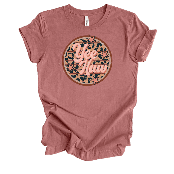 Trenz Shirt Company Womens Cute Distressed Vintage Yee Haw Cheetah Print Circle Ladies Short Sleeve T-Shirt-Heather Mauve-3X-Large
