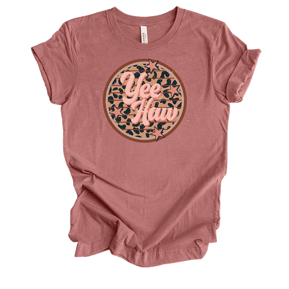 Trenz Shirt Company Womens Cute Distressed Vintage Yee Haw Cheetah Print Circle Ladies Short Sleeve T-Shirt-Heather Mauve-3X-Large