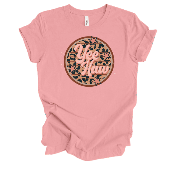 Trenz Shirt Company Womens Cute Distressed Vintage Yee Haw Cheetah Print Circle Ladies Short Sleeve T-Shirt-Pink-Small