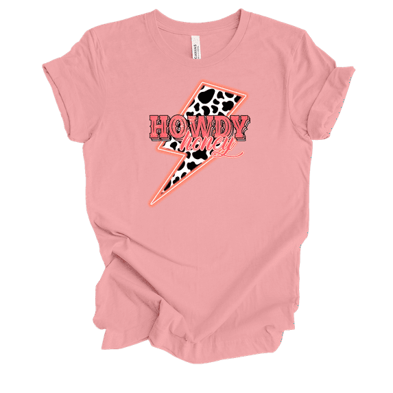Trenz Shirt Company Womens Cute Howdy Honey Lightning Bolt Cow Print Country Ladies Short Sleeve T-Shirt-Pink-4X-Large