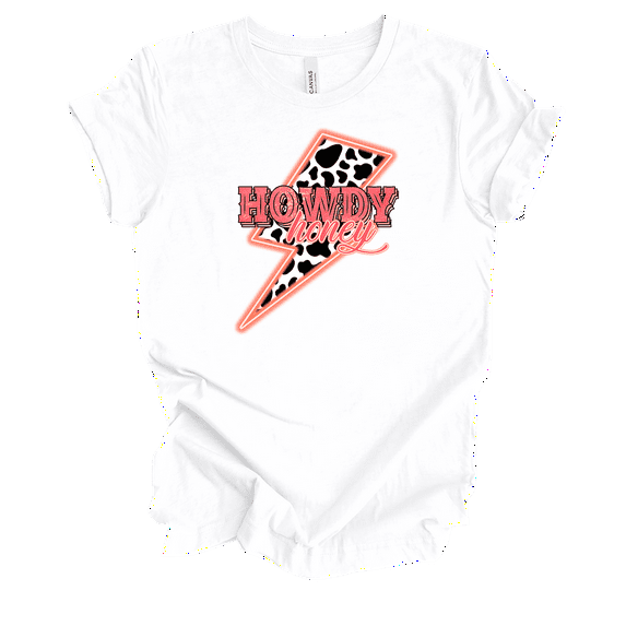 Trenz Shirt Company Womens Cute Howdy Honey Lightning Bolt Cow Print Country Ladies Short Sleeve T-Shirt-White-3X-Large