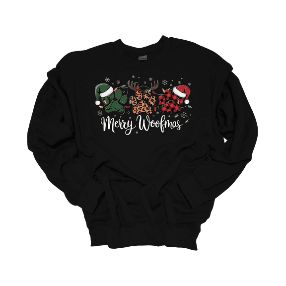 Trenz Shirt Company Womens Cute Merry Woofmas Paw Prints Christmas Crewneck Sweatshirt-Black-Medium