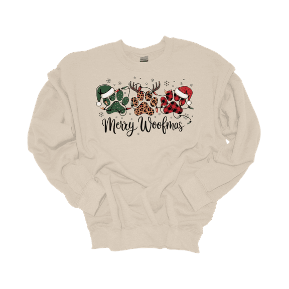 Trenz Shirt Company Womens Cute Merry Woofmas Paw Prints Christmas Crewneck Sweatshirt-Sand-XX-Large