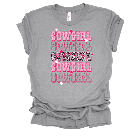 Trenz Shirt Company Womens Cute Pink And Cheetah Print Stacked Cowgirl Ladies Short Sleeve T-Shirt-Athletic Grey-XX-Large