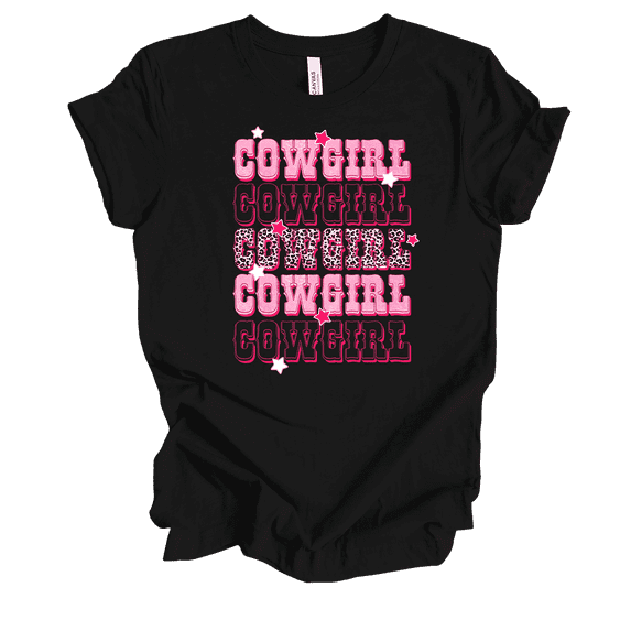 Trenz Shirt Company Womens Cute Pink And Cheetah Print Stacked Cowgirl Ladies Short Sleeve T-Shirt-Black-Large
