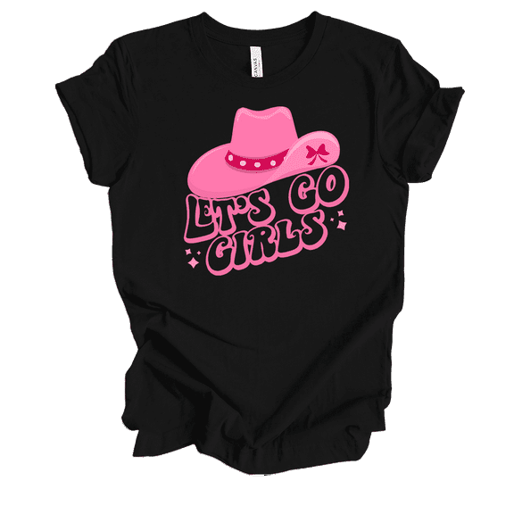 Trenz Shirt Company Womens Cute Pink Cowgirl Hat Let's Go Girls Bubble Letters Ladies Short Sleeve T-Shirt-Black-3X-Large