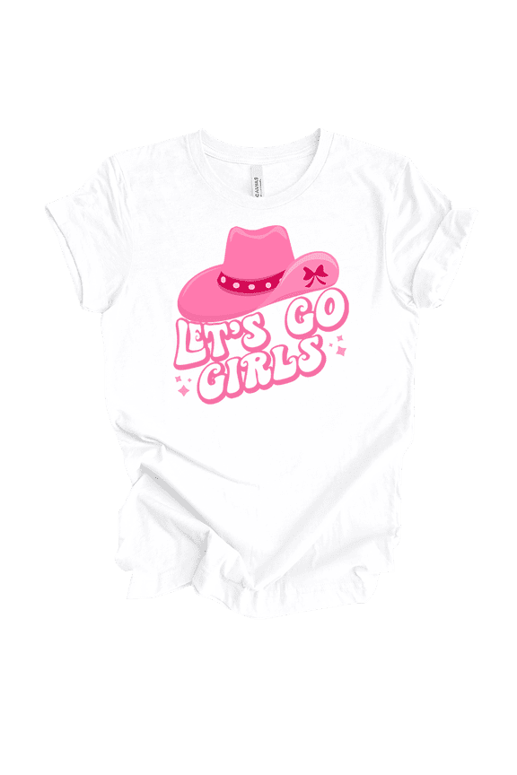 Womens Cute Pink Cowgirl Hat Let's Go Girls Bubble Letters Ladies Short Sleeve T-Shirt-White-Medium