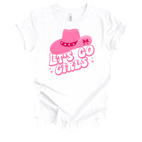 Trenz Shirt Company Womens Cute Pink Cowgirl Hat Let's Go Girls Bubble Letters Ladies Short Sleeve T-Shirt-White-X-Large