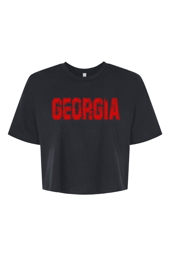 Womens Georgia Football Team Color Red and Black Distressed Georgia State Name Bulldogs Jersey Crop Tee-Black-large