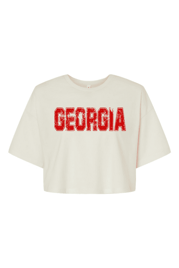 Womens Georgia Football Team Color Red and Black Distressed Georgia State Name Bulldogs Jersey Crop Tee-Vintage White-xxl