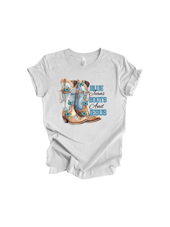 Womens Graphic T-Shirt - Blue Jeans, Boots, & Jesus Design-Ash-large