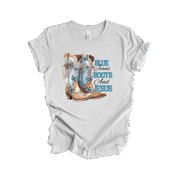Trenz Shirt Company Womens Graphic T-Shirt - Blue Jeans, Boots, & Jesus Design-Ash-small