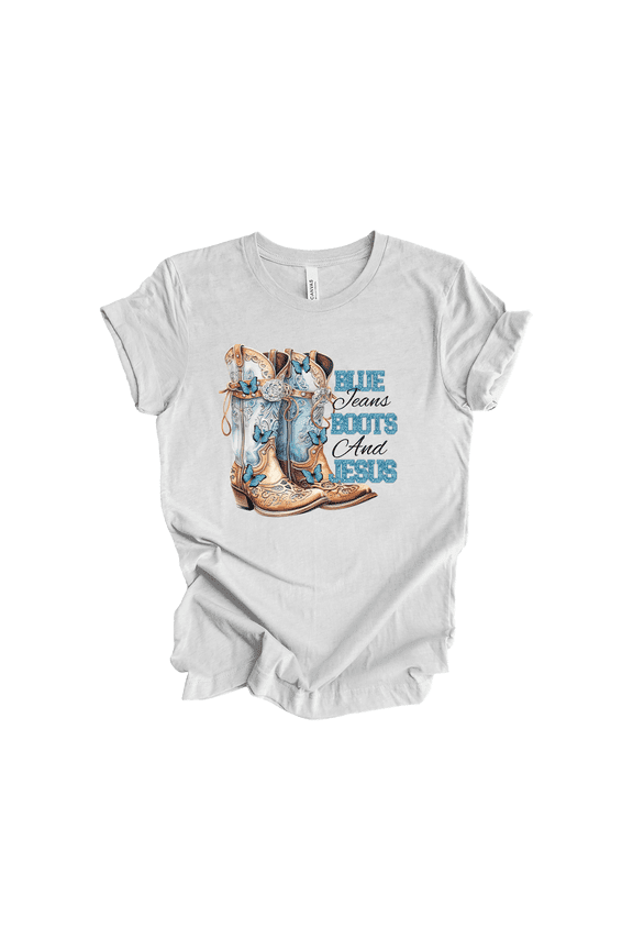 Womens Graphic T-Shirt - Blue Jeans, Boots, & Jesus Design-Ash-xl