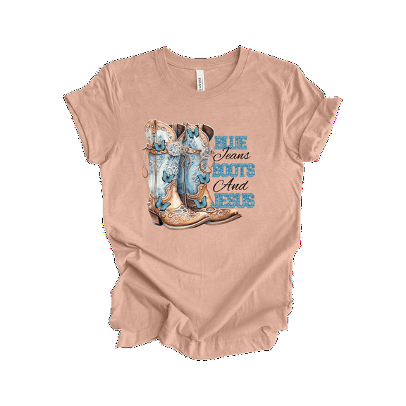 Trenz Shirt Company Womens Graphic T-Shirt - Blue Jeans, Boots, & Jesus Design-Heather Prism Peach-small