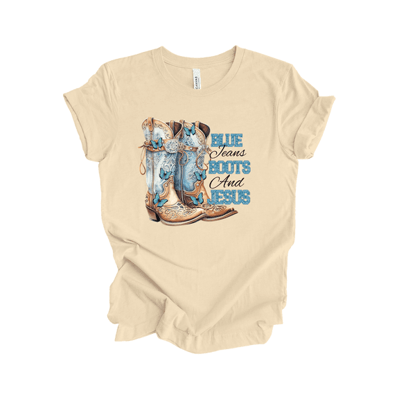 Trenz Shirt Company Womens Graphic T-Shirt - Blue Jeans, Boots, & Jesus Design-Soft Cream-xl