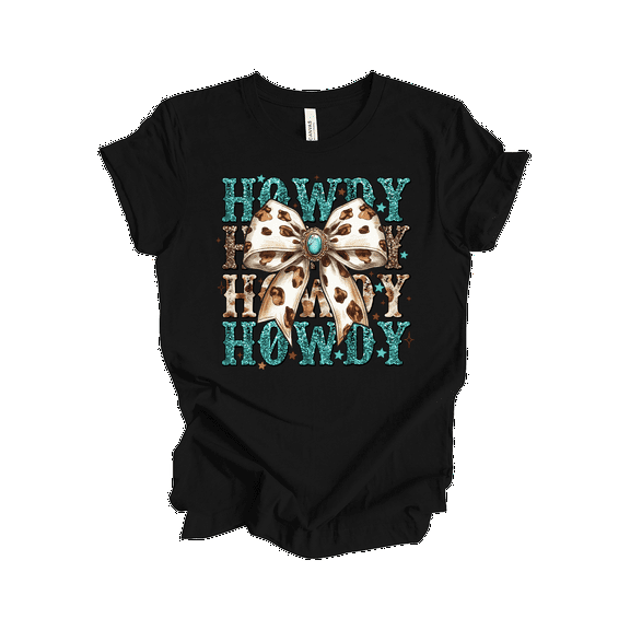 Trenz Shirt Company Womens Graphic T-Shirt - Howdy, Cow Print Bow Design-Black-medium