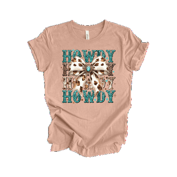 Trenz Shirt Company Womens Graphic T-Shirt - Howdy, Cow Print Bow Design-Heather Prism Peach-xl