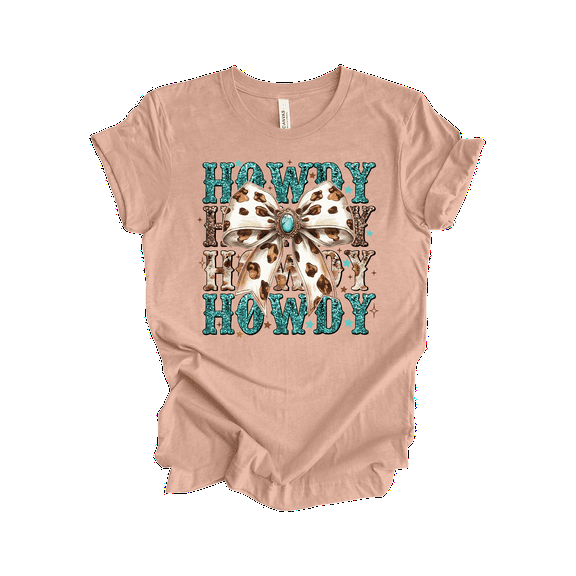 Trenz Shirt Company Womens Graphic T-Shirt - Howdy, Cow Print Bow Design-Heather Prism Peach-xl