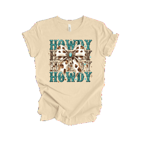 Trenz Shirt Company Womens Graphic T-Shirt - Howdy, Cow Print Bow Design-Soft Cream-medium
