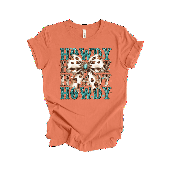 Trenz Shirt Company Womens Graphic T-Shirt - Howdy, Cow Print Bow Design-Sunset-large