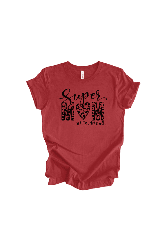 Womens Humorous Cheetah Print Super Mom Tired Wife, Ideal Fun Present for Moms, Heather Canvas Red-Small