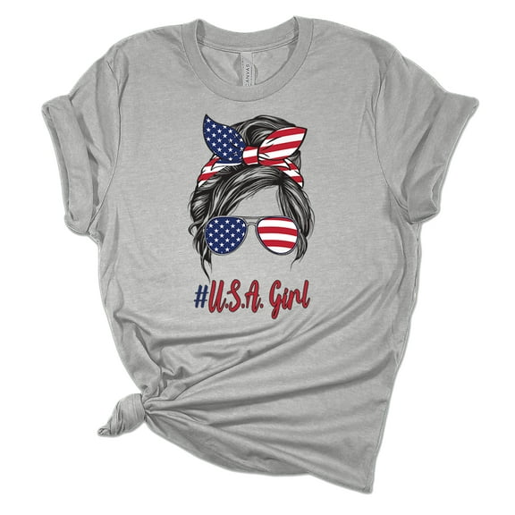 Trenz Shirt Company Womens Messy Bun American Flag USA Girl Short Sleeve Graphic T-Shirt, Athletic Heather-Large